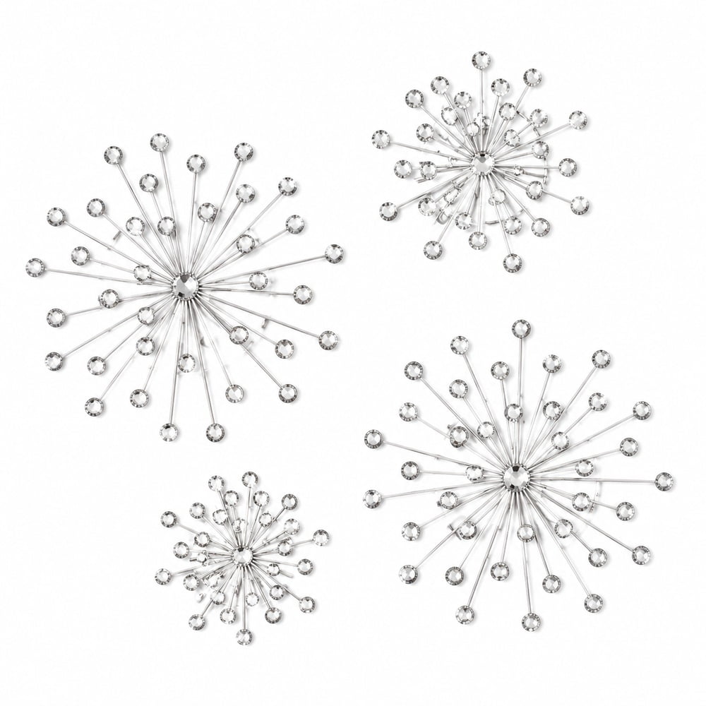 Rustic Metal Decor 4 Pcs Metal Wall Art, Silver Starburst Wall Decor with Crystal