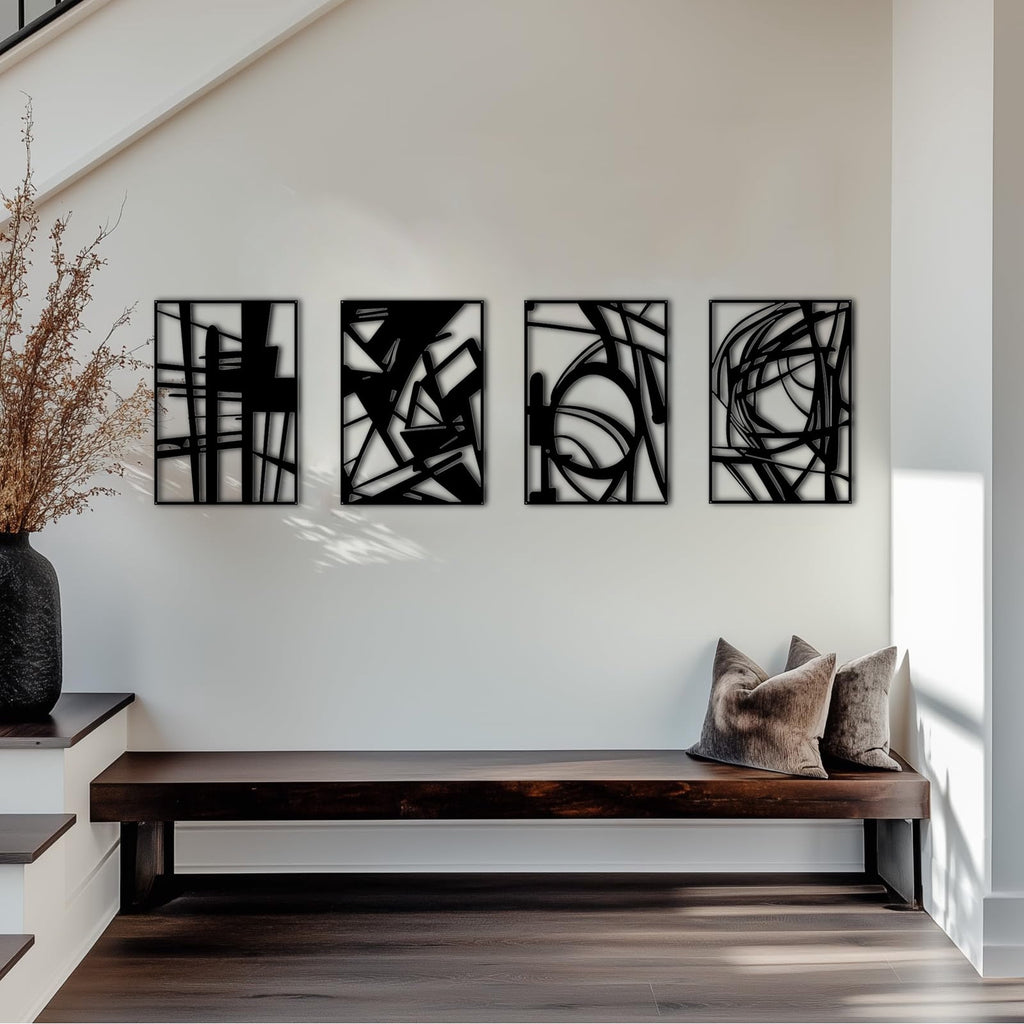 Rustic Metal Decor 4 Pack Black Abstract Metal Wall Art (16'' x 11''), Minimalist Art