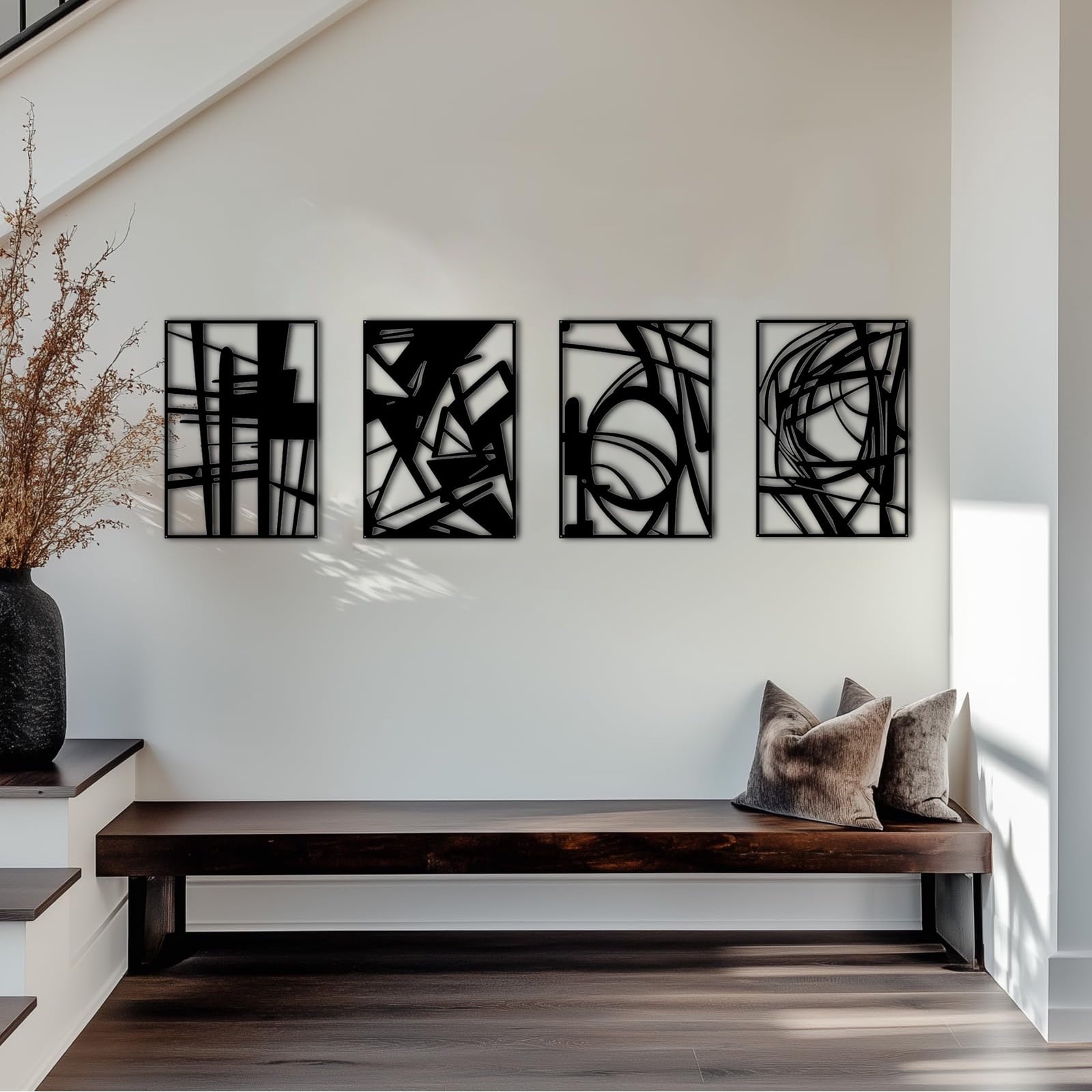 Rustic Metal Decor 4 Pack Black Abstract Metal Wall Art (16'' x 11''), Minimalist Art