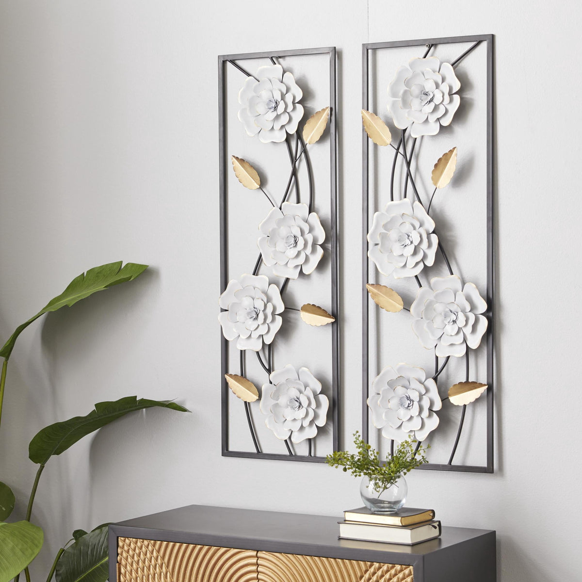 Rustic Metal Decor White Metal Dimensional Floating Floral Wall Decor with Black and