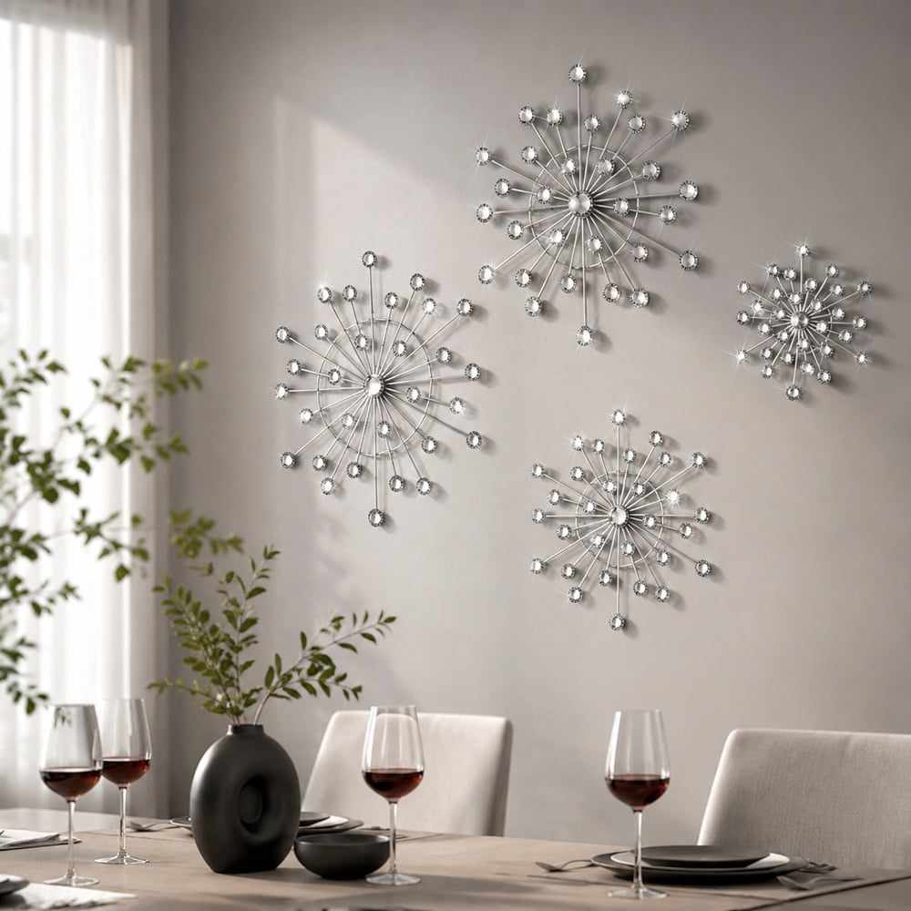 Rustic Metal Decor 4 Pcs Metal Wall Art, Silver Starburst Wall Decor with Crystal