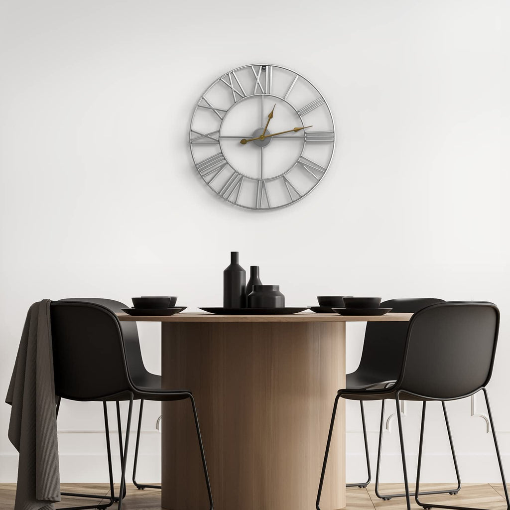 Rustic Metal Decor Analog Wall Clock - Roman Numeral Style, Battery Operated
