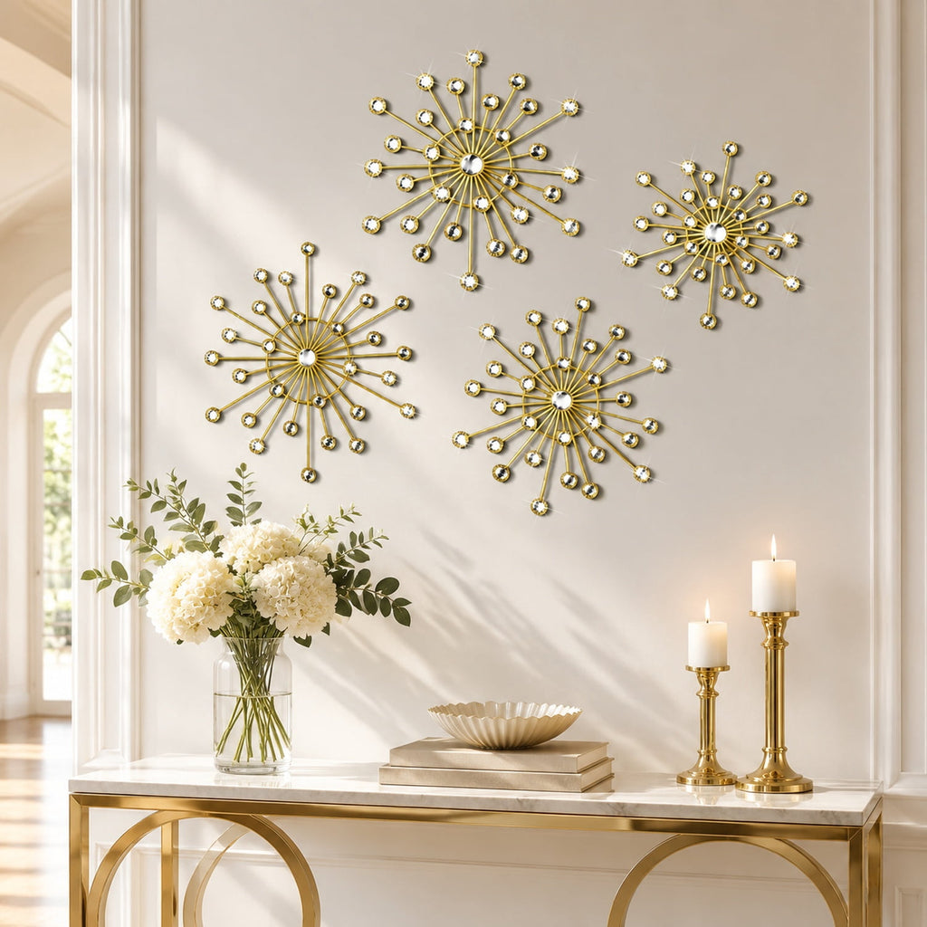 Rustic Metal Decor 4 Pcs Gold Metal Wall Decor, Rhinestone Sunburst Wall Art, Art Deco