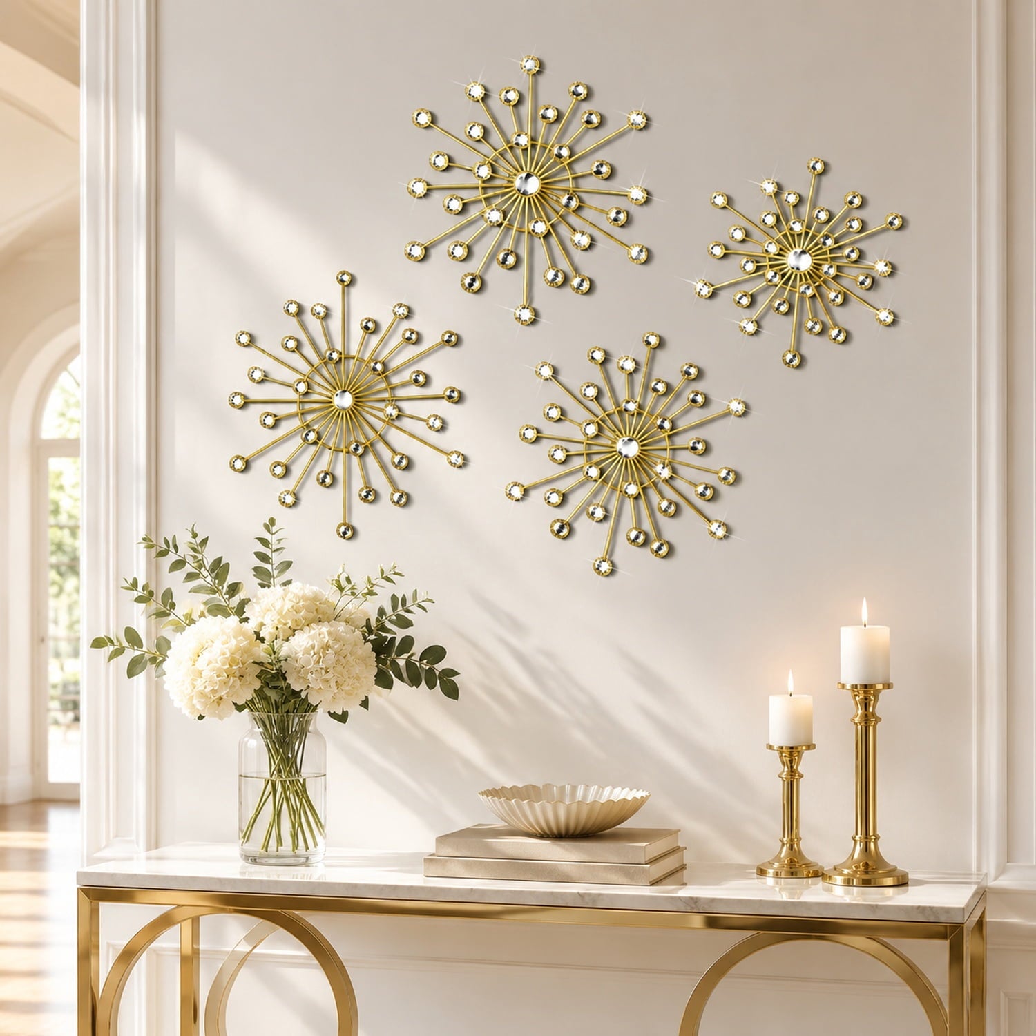 Rustic Metal Decor 4 Pcs Gold Metal Wall Decor, Rhinestone Sunburst Wall Art, Art Deco