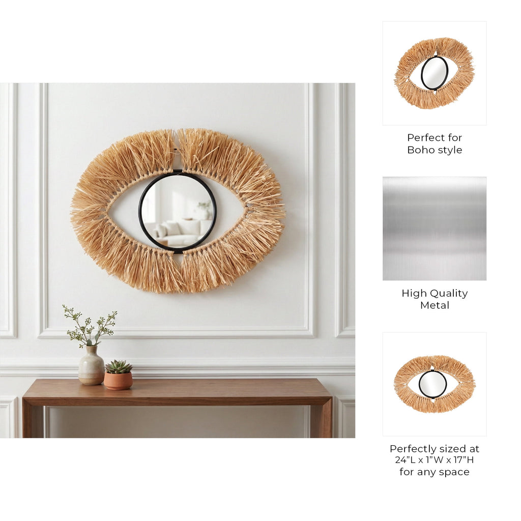 Rustic Metal Decor Metal and Natural Fiber Eye-Shaped Room Decor Mirror for Boho Home