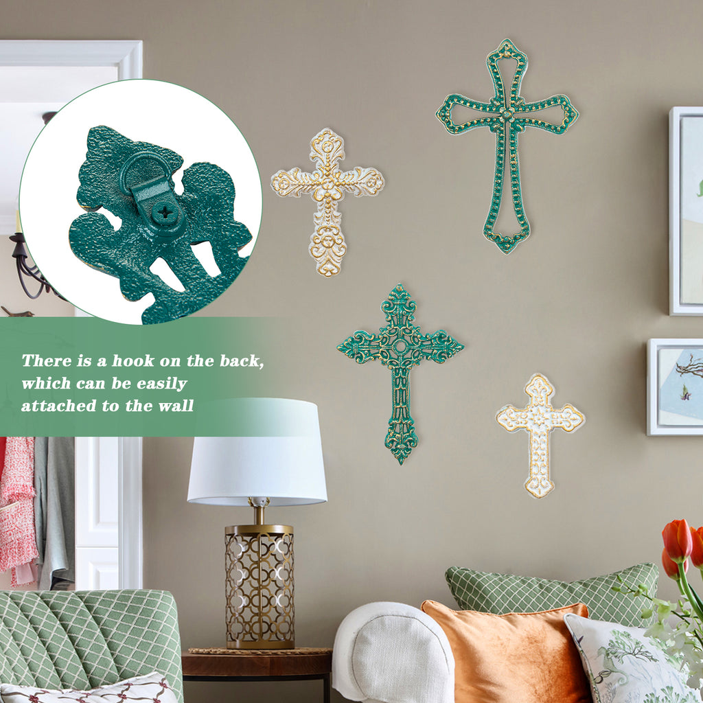 Rustic Metal Decor 4PC Heavy & Sturdy Embossed Cast Iron Cross Decor for Wall,