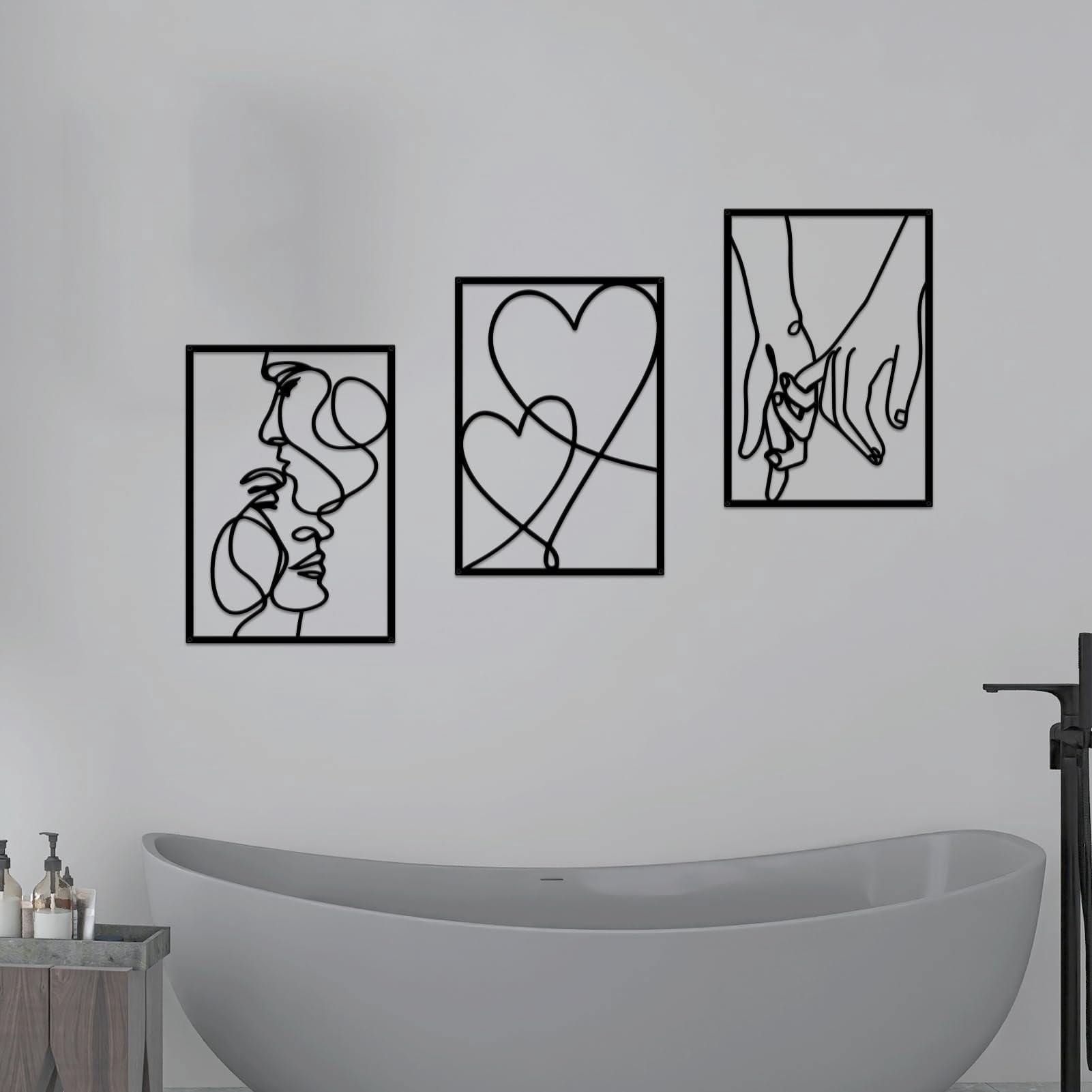 Rustic Metal Decor 3 Pcs Black Metal Minimalist Line Wall Art, Valentine's Day Lover