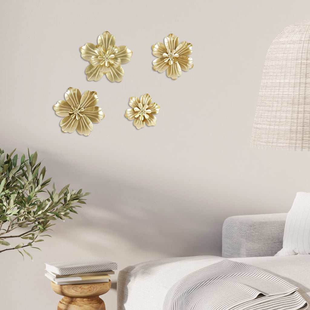 Rustic Metal Decor 4 PCS Gold Metal Flowers Wall Decor 9.8" 3D Multi-layer Modern