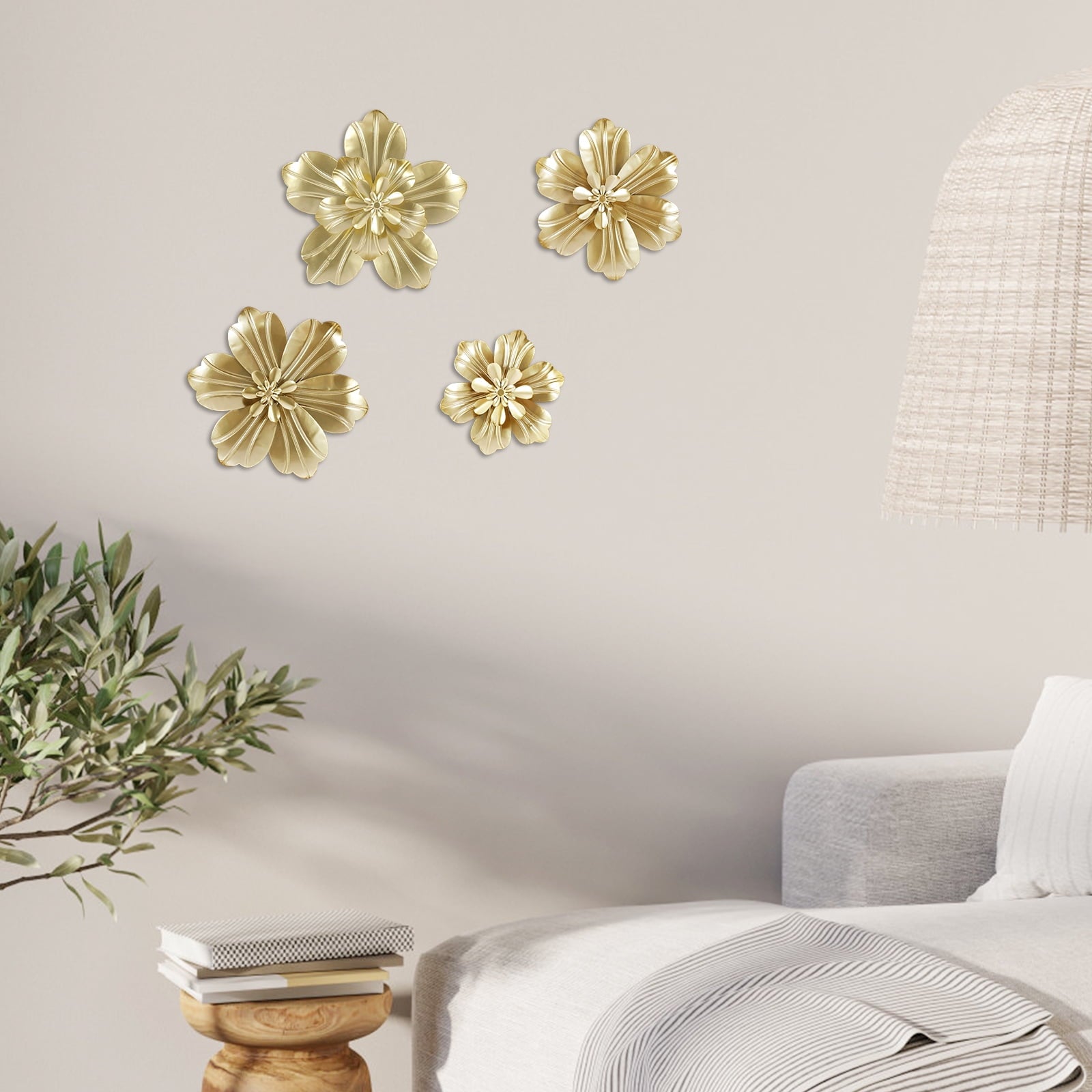 Rustic Metal Decor 4 PCS Gold Metal Flowers Wall Decor 9.8" 3D Multi-layer Modern