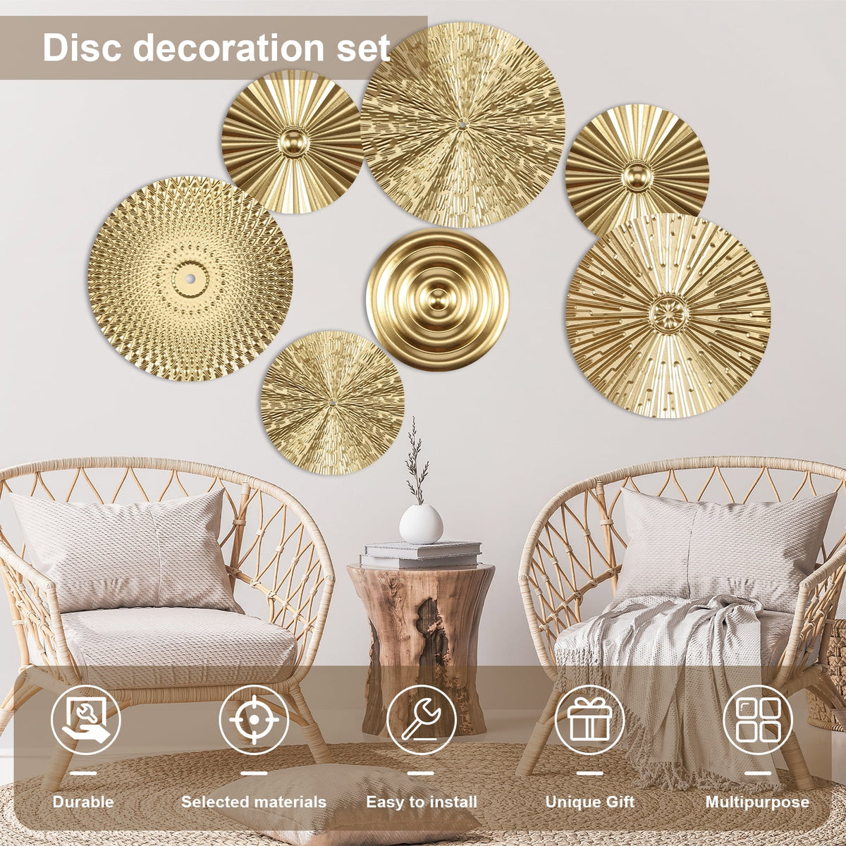 Rustic Metal Decor Dznils 7Pcs Gold Metal Plate Wall Decor Morden Round Hanging Metal
