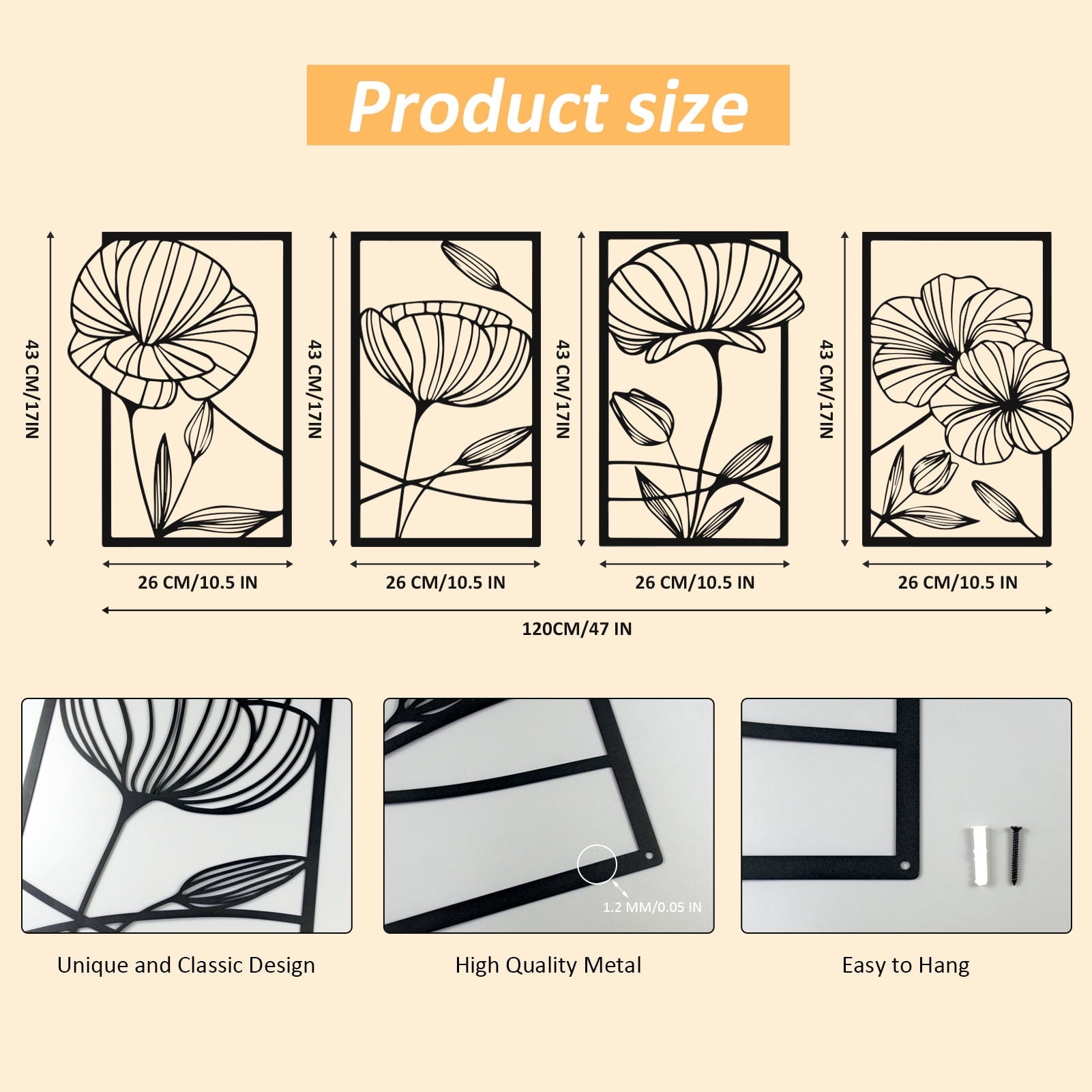Rustic Metal Decor 4 Pcs Metal Lotus Wall Art, Abstract Floral Line Art Minimalist