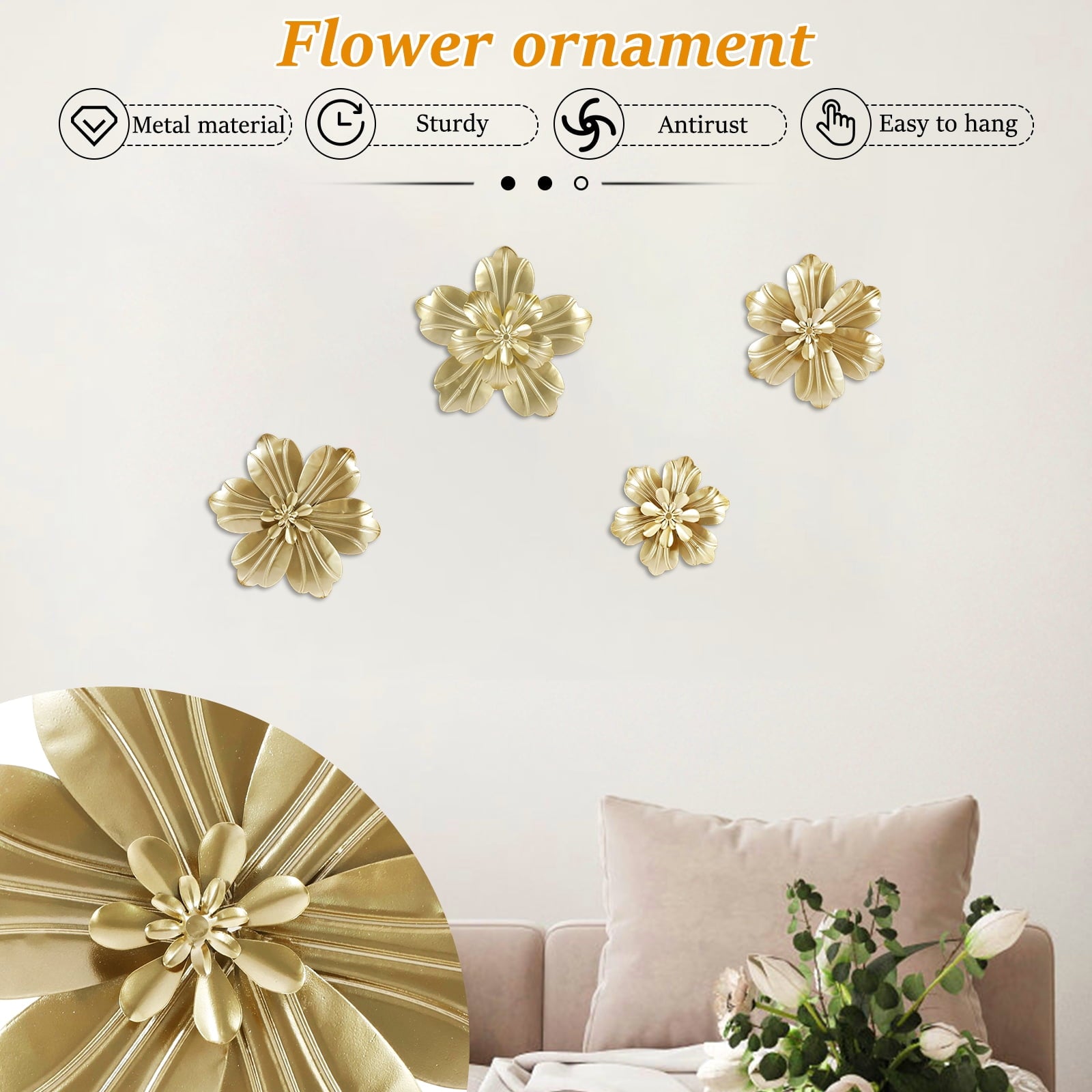 Rustic Metal Decor 4 PCS Gold Metal Flowers Wall Decor 9.8" 3D Multi-layer Modern