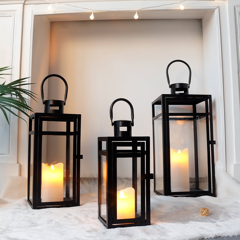 Rustic Metal Decor Set of 3 12/15/19 inch Metal Lanterns with Tempered Glass (Black )