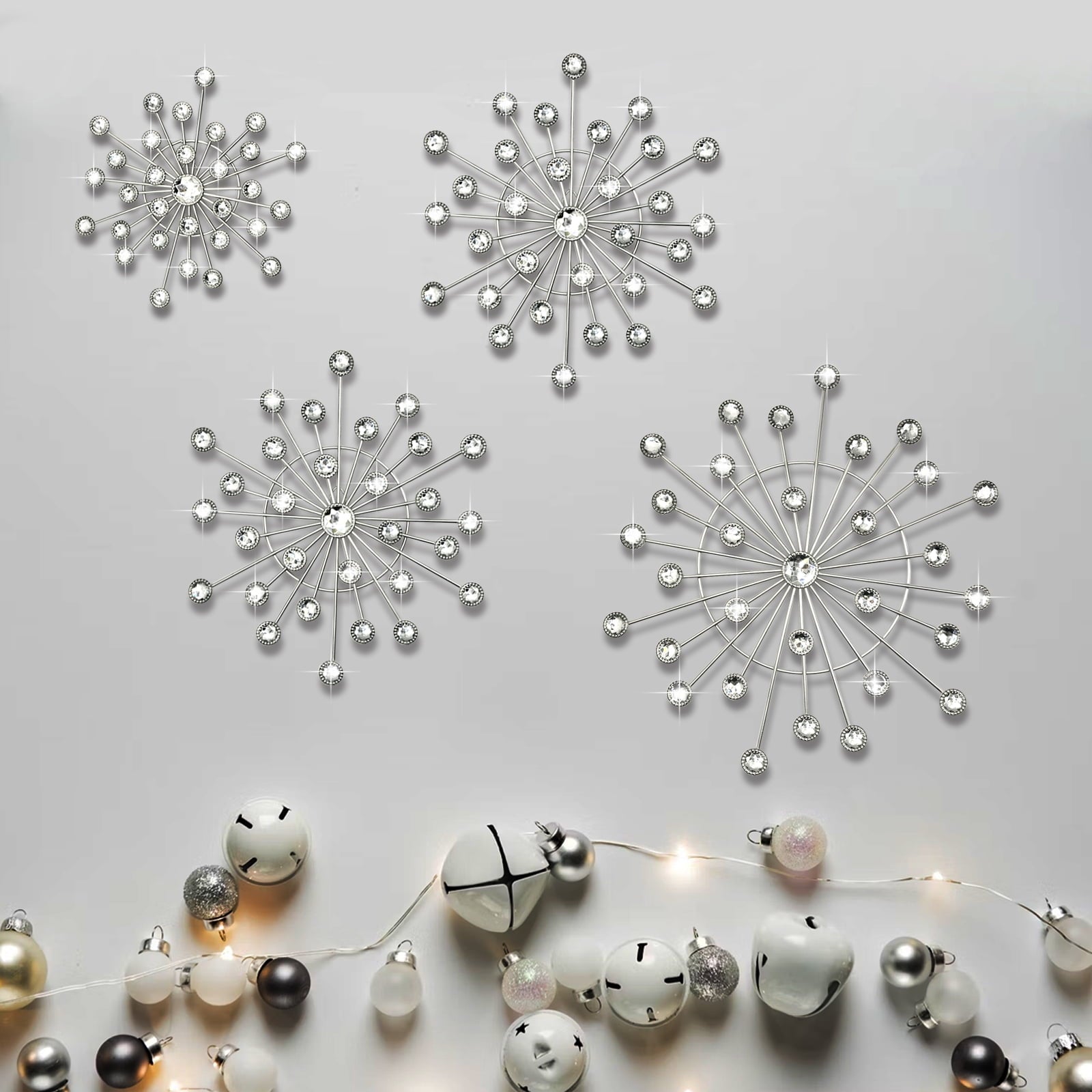 Rustic Metal Decor 4 Pcs Silver Sunburst Wall Decor Set, Bling Crystal Starburst Metal