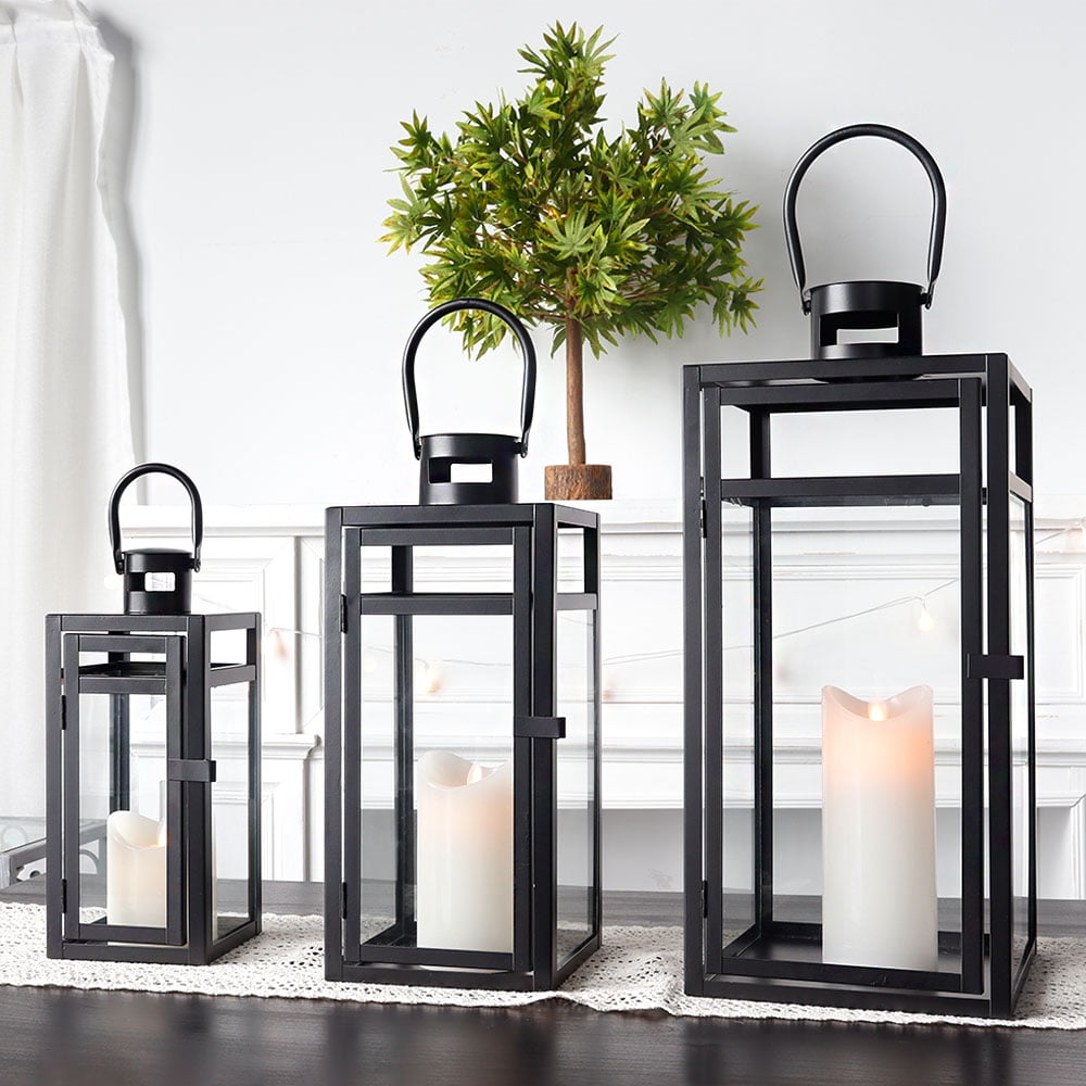 Rustic Metal Decor Set of 3 12/15/19 inch Metal Lanterns with Tempered Glass (Black )