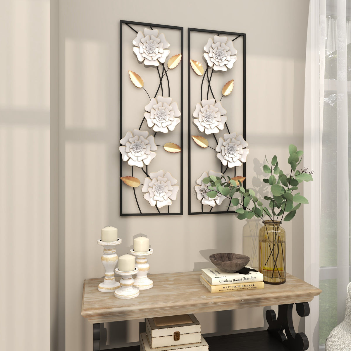 Rustic Metal Decor White Metal Dimensional Floating Floral Wall Decor with Black and