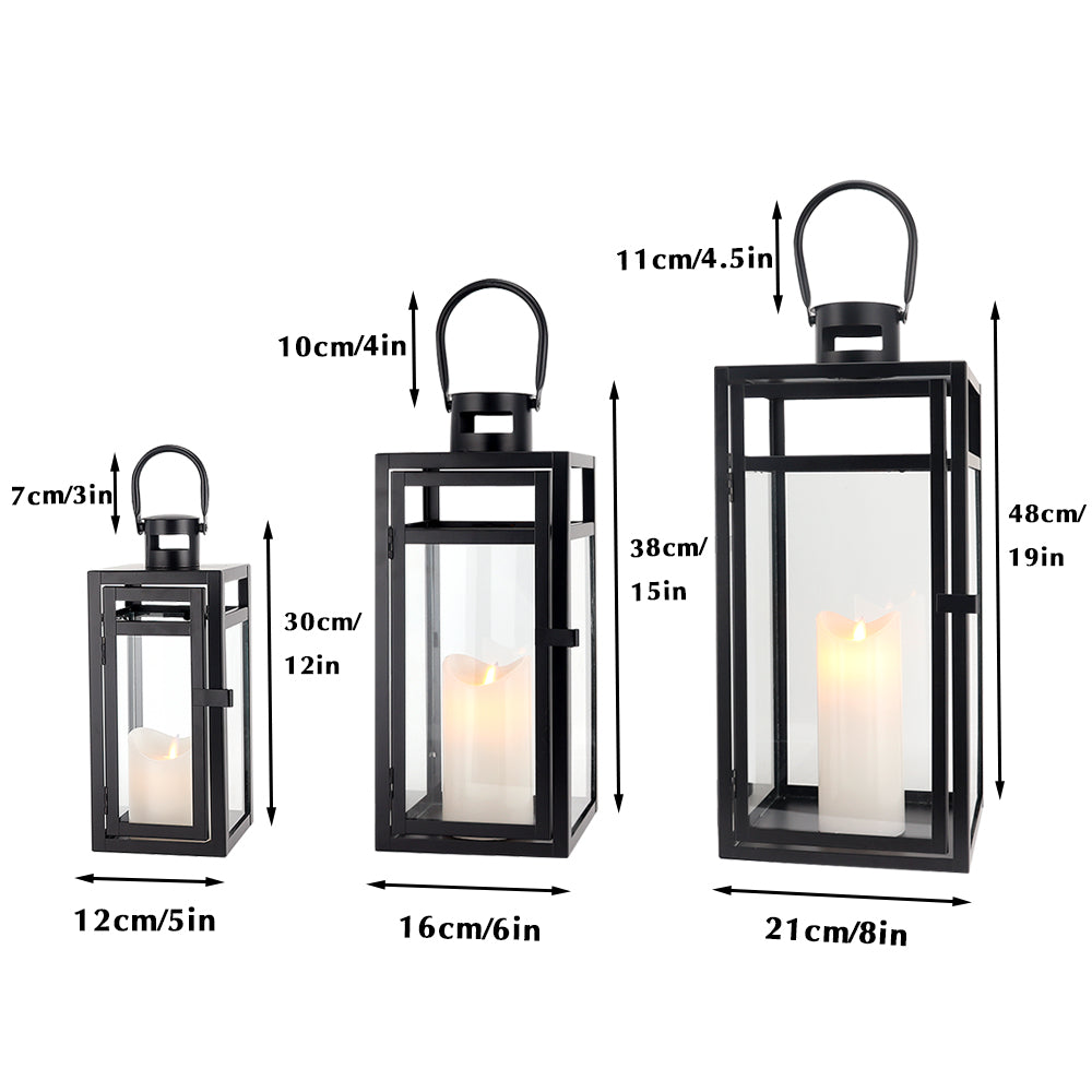 Rustic Metal Decor Set of 3 12/15/19 inch Metal Lanterns with Tempered Glass (Black )