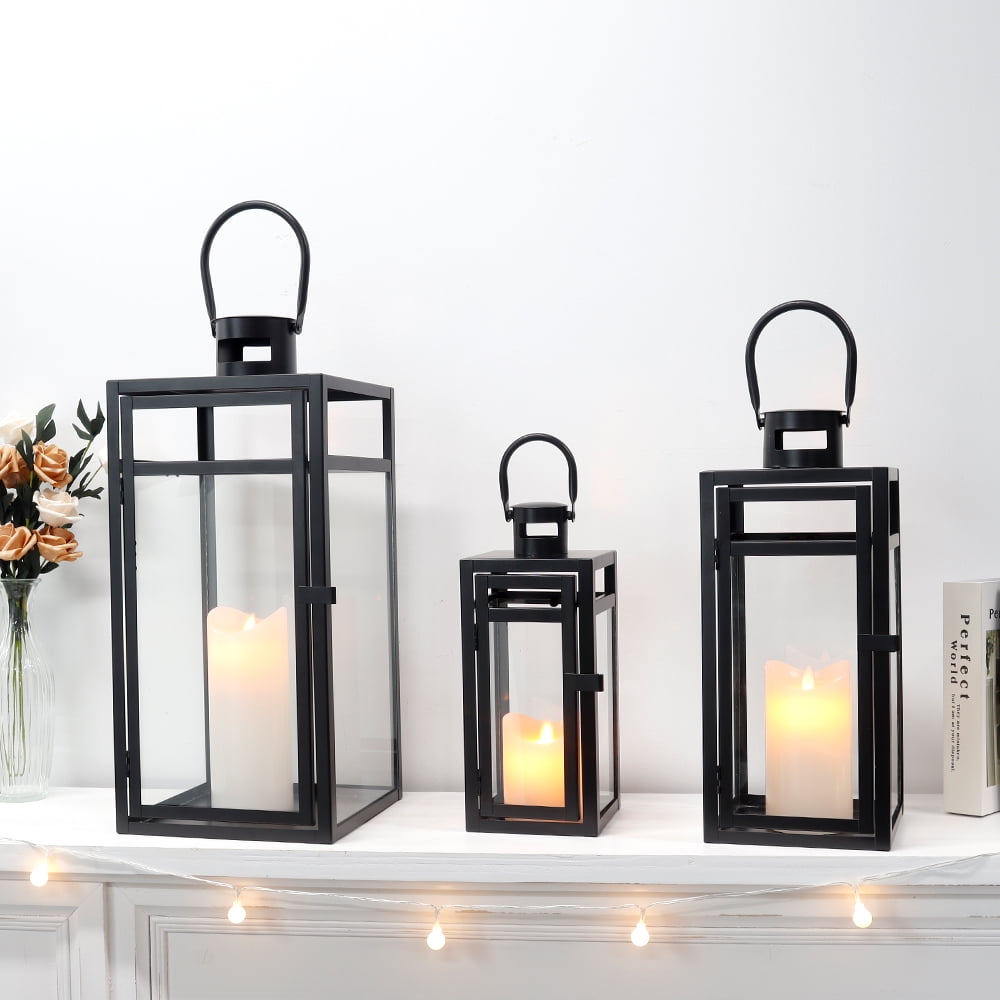 Rustic Metal Decor Set of 3 12/15/19 inch Metal Lanterns with Tempered Glass (Black )