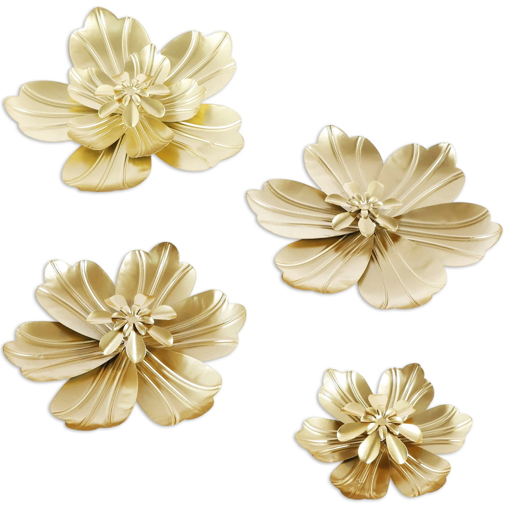 Rustic Metal Decor 4 PCS Gold Metal Flowers Wall Decor 9.8" 3D Multi-layer Modern