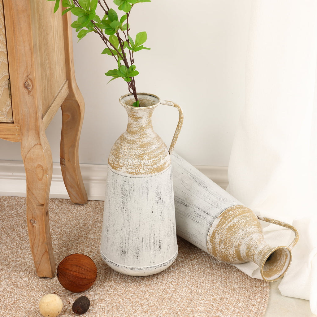 Rustic Metal Decor Set of 2 Distressed Off White and Rustic Brown Metal Pitcher Vase