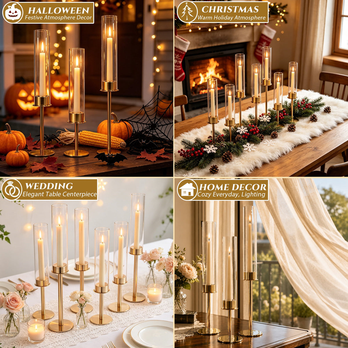 Rustic Metal Decor Gold Hurricane Candle Holders Set of 3, Modern Metal Taper Candle