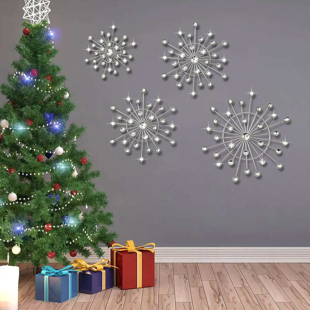 Rustic Metal Decor 4 Pcs Silver Sunburst Wall Decor Set, Bling Crystal Starburst Metal