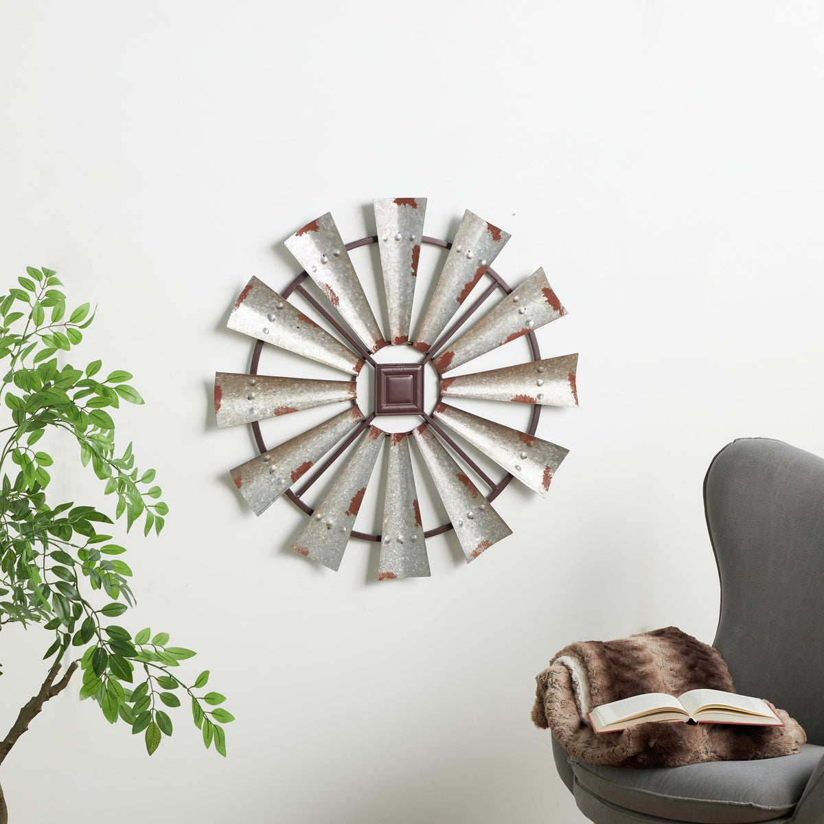 Rustic Metal Decor Silver Metal Distressed Galvanized Windmill Wall Decor with Rust Frame