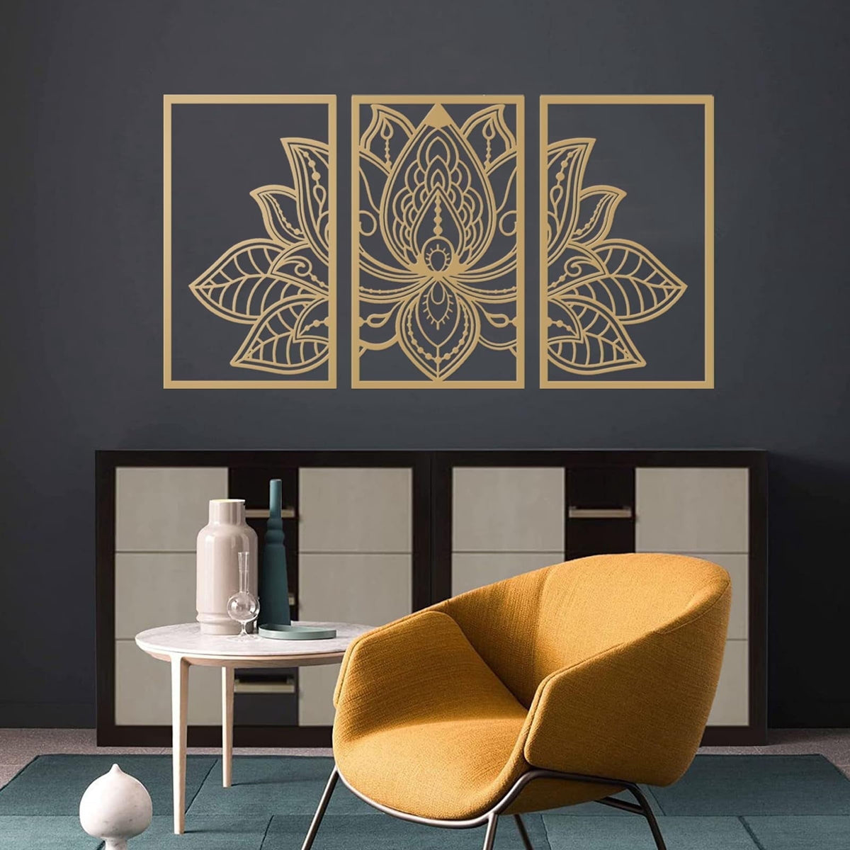 Rustic Metal Decor 3 Pcs Gold Lotus Flower Wall Art Metal Mandala Wall Decor for