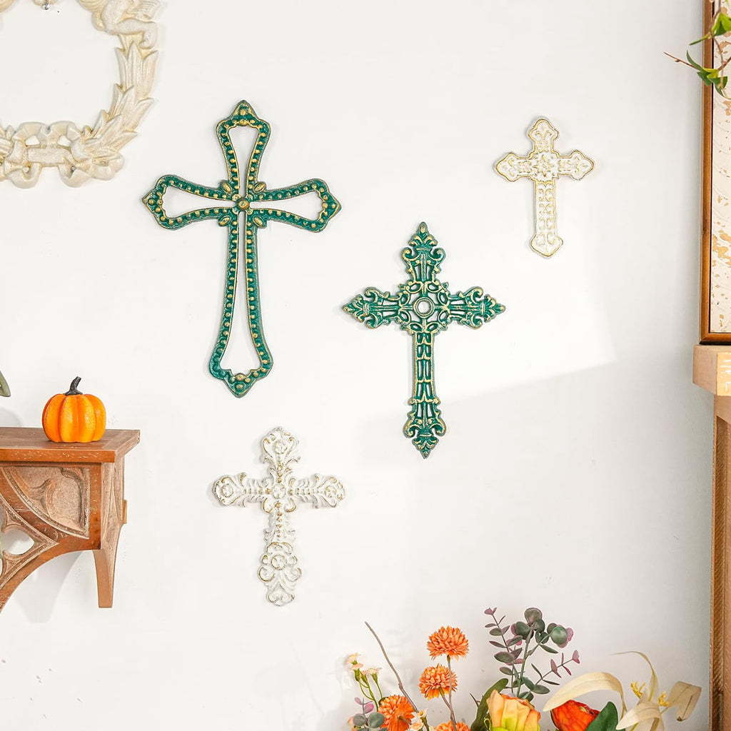 Rustic Metal Decor 4PC Heavy & Sturdy Embossed Cast Iron Cross Decor for Wall,