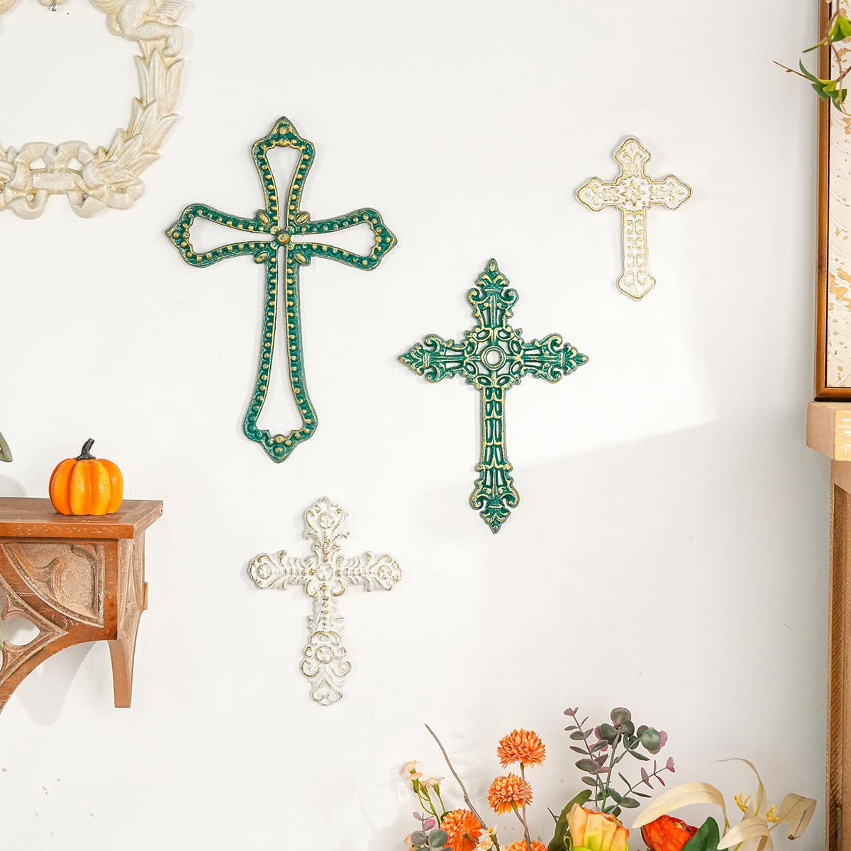 Rustic Metal Decor 4PC Heavy & Sturdy Embossed Cast Iron Cross Decor for Wall,