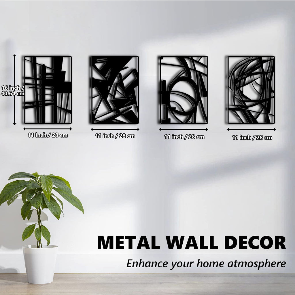 Rustic Metal Decor 4 Pack Black Abstract Metal Wall Art (16'' x 11''), Minimalist Art