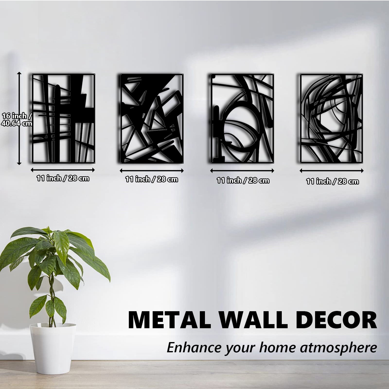 Rustic Metal Decor 4 Pack Black Abstract Metal Wall Art (16'' x 11''), Minimalist Art