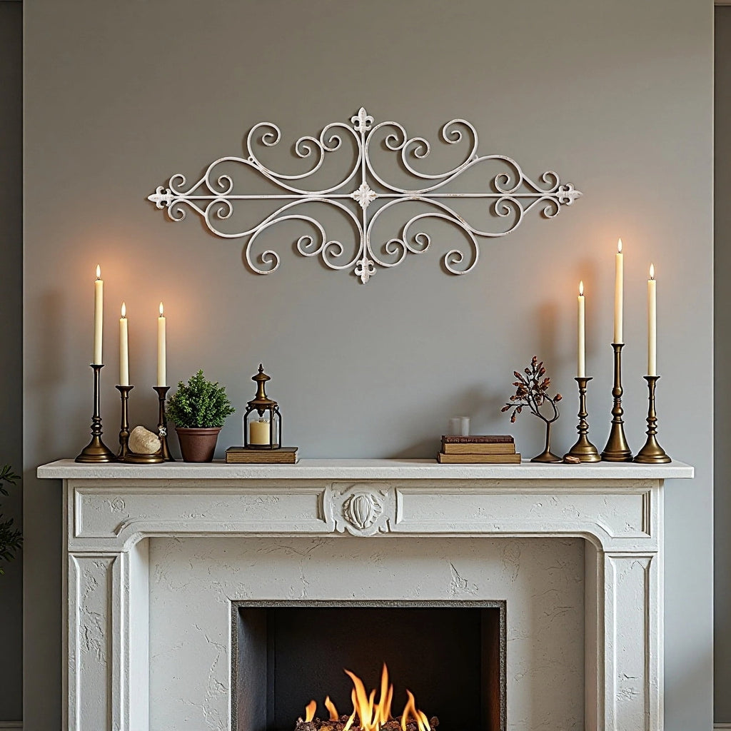 Rustic Metal Decor White Metal Wall Art 45"x18", Rustic Wrought Iron Scroll Wall Decor
