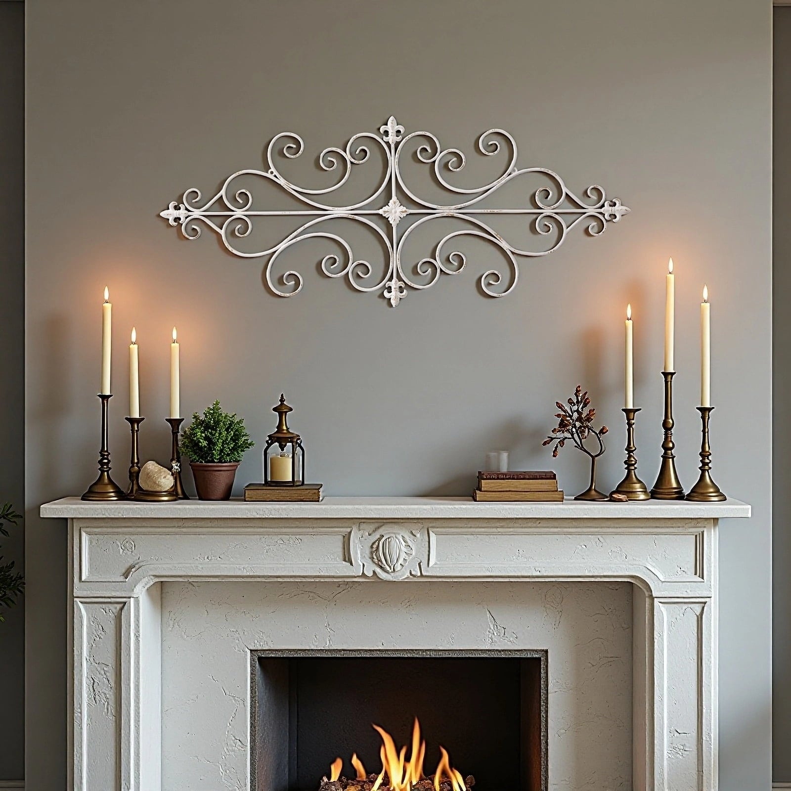Rustic Metal Decor White Metal Wall Art 45"x18", Rustic Wrought Iron Scroll Wall Decor