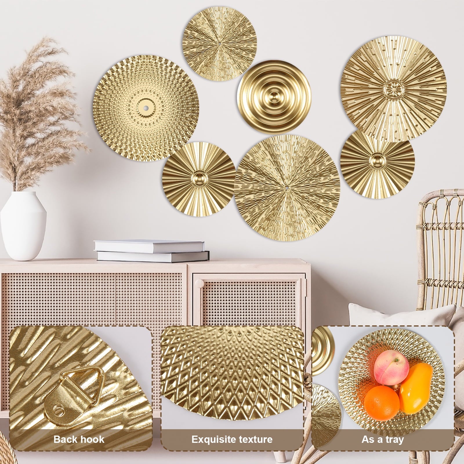 Rustic Metal Decor Dznils 7Pcs Gold Metal Plate Wall Decor Morden Round Hanging Metal