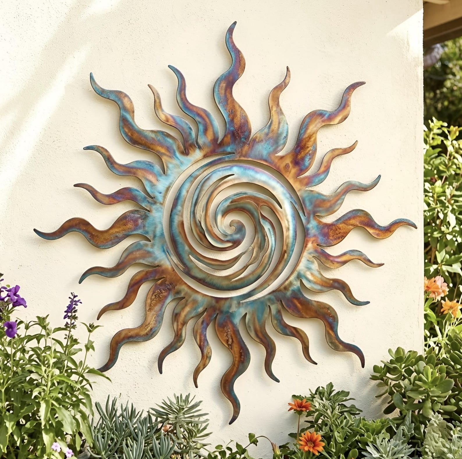 Rustic Metal Decor Colorful Metal Sun Wall Art, Spiral Wall Decor for Patio or Garden