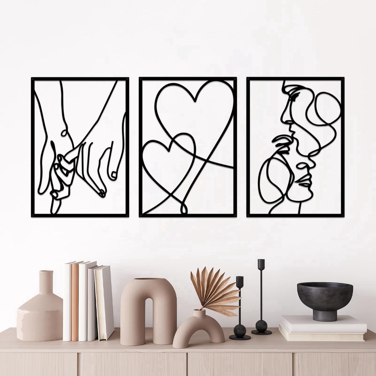 Rustic Metal Decor 3 Pcs Black Metal Minimalist Line Wall Art, Valentine's Day Lover