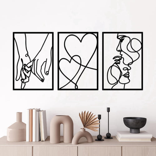 Rustic Metal Decor 3 Pcs Black Metal Minimalist Line Wall Art, Valentine's Day Lover