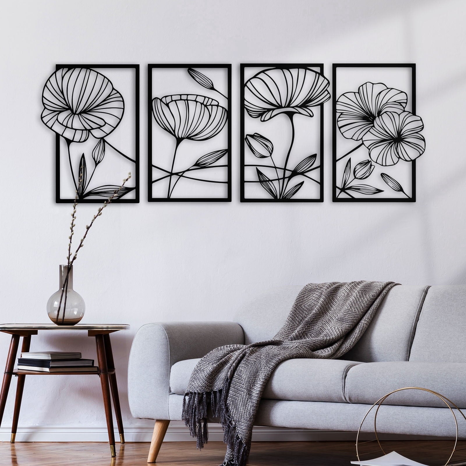 Rustic Metal Decor 4 Pcs Metal Lotus Wall Art, Abstract Floral Line Art Minimalist