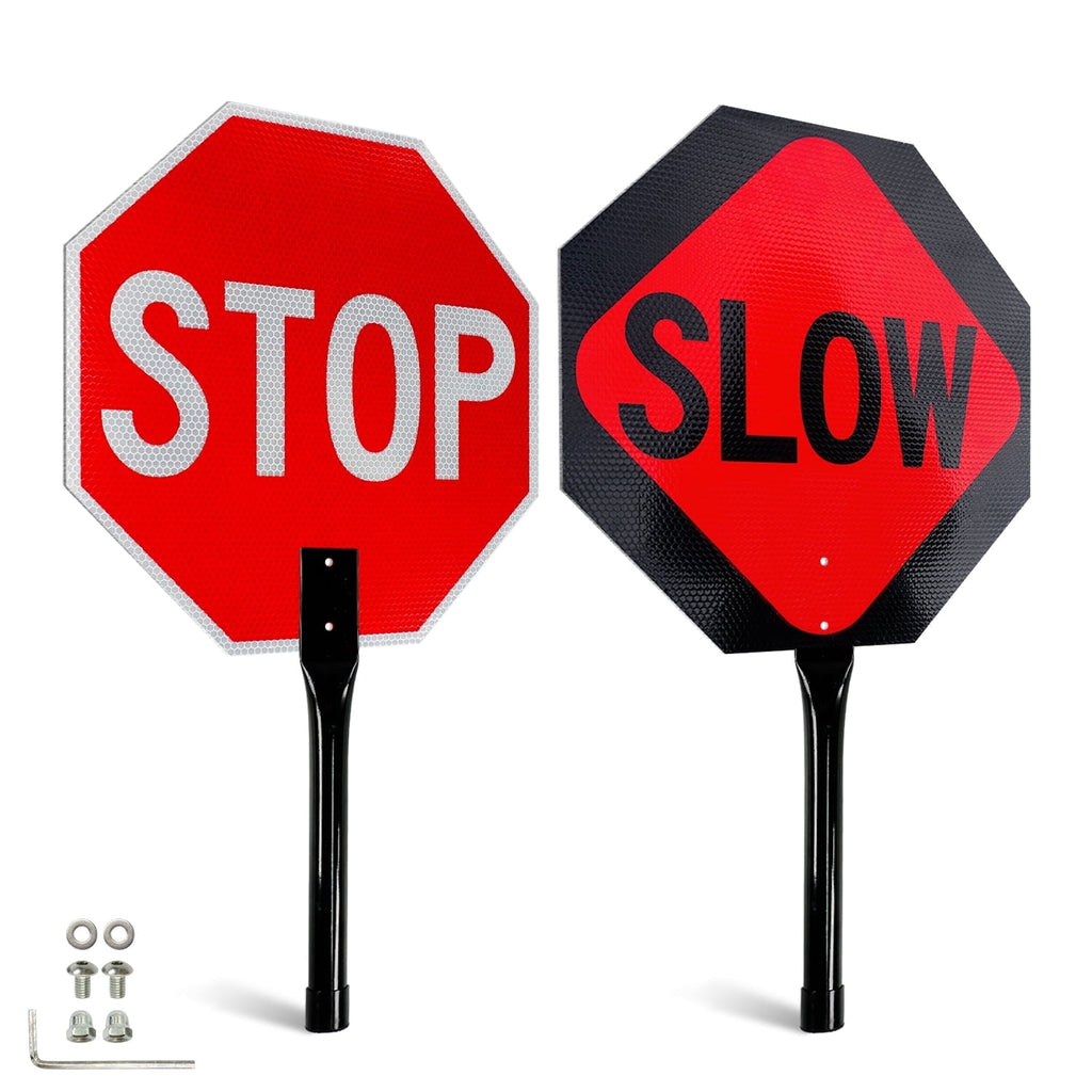 Rustic Metal Decor Stop Slow Sign with Metal Handle, 18" x 18" Double Sided Engineer