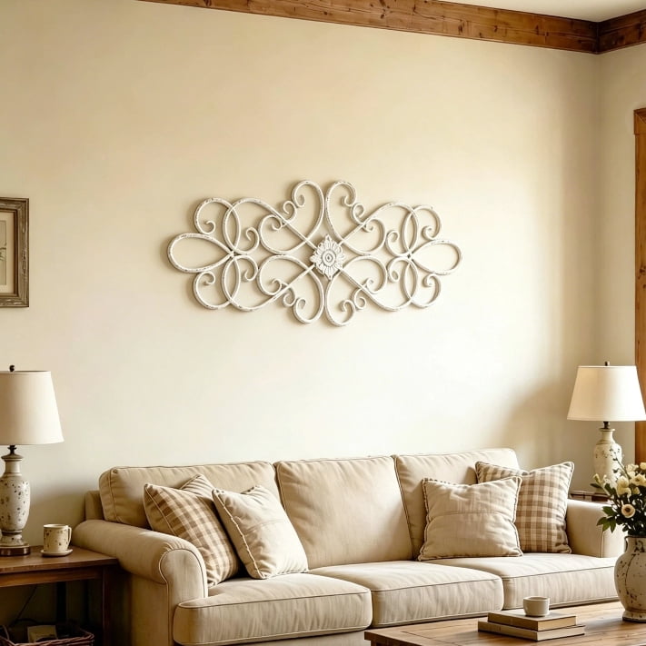 Rustic Metal Decor Farmhouse Flower Scroll White Metal Wall Art Decor 32" x 13",