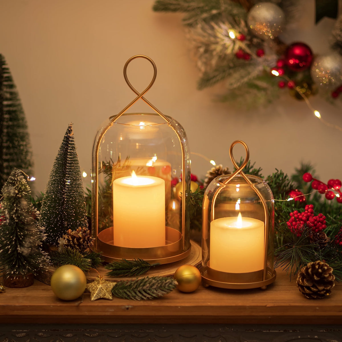 Rustic Metal Decor Set of 2 Gold Metal Glass Hurricane Lantern: Farmhouse Style Candle