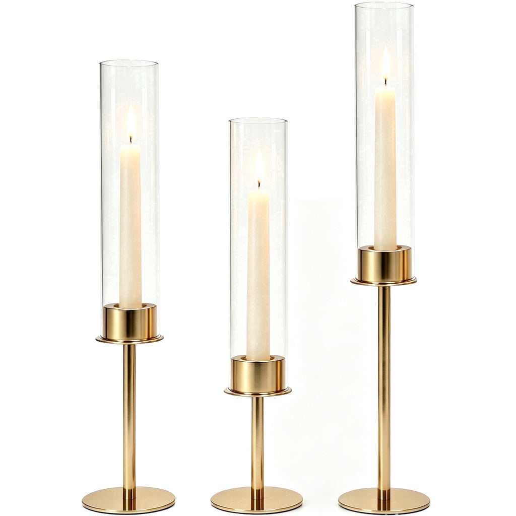 Rustic Metal Decor Gold Hurricane Candle Holders Set of 3, Modern Metal Taper Candle