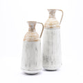 Rustic Metal Decor Set of 2 Distressed Off White and Rustic Brown Metal Pitcher Vase