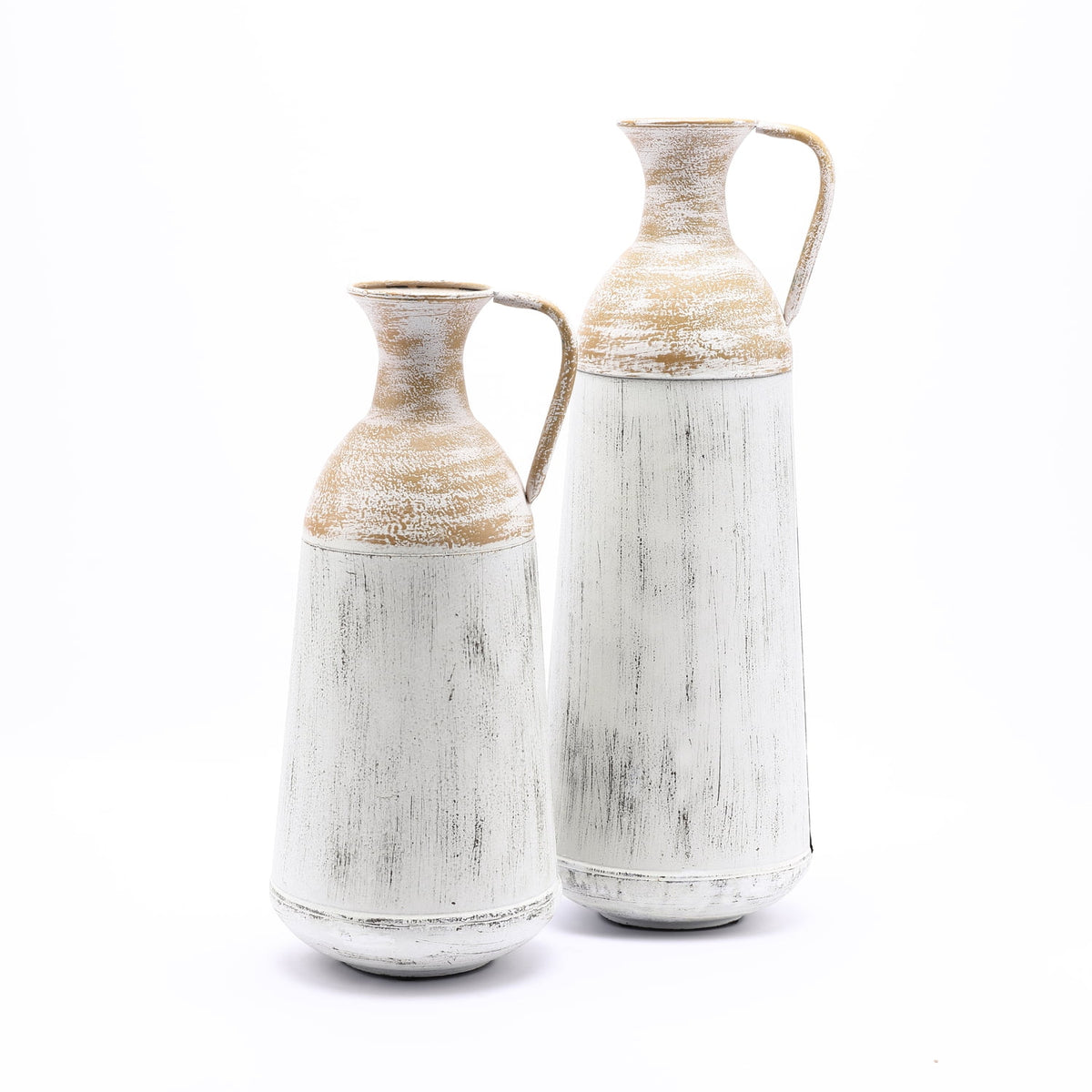 Rustic Metal Decor Set of 2 Distressed Off White and Rustic Brown Metal Pitcher Vase