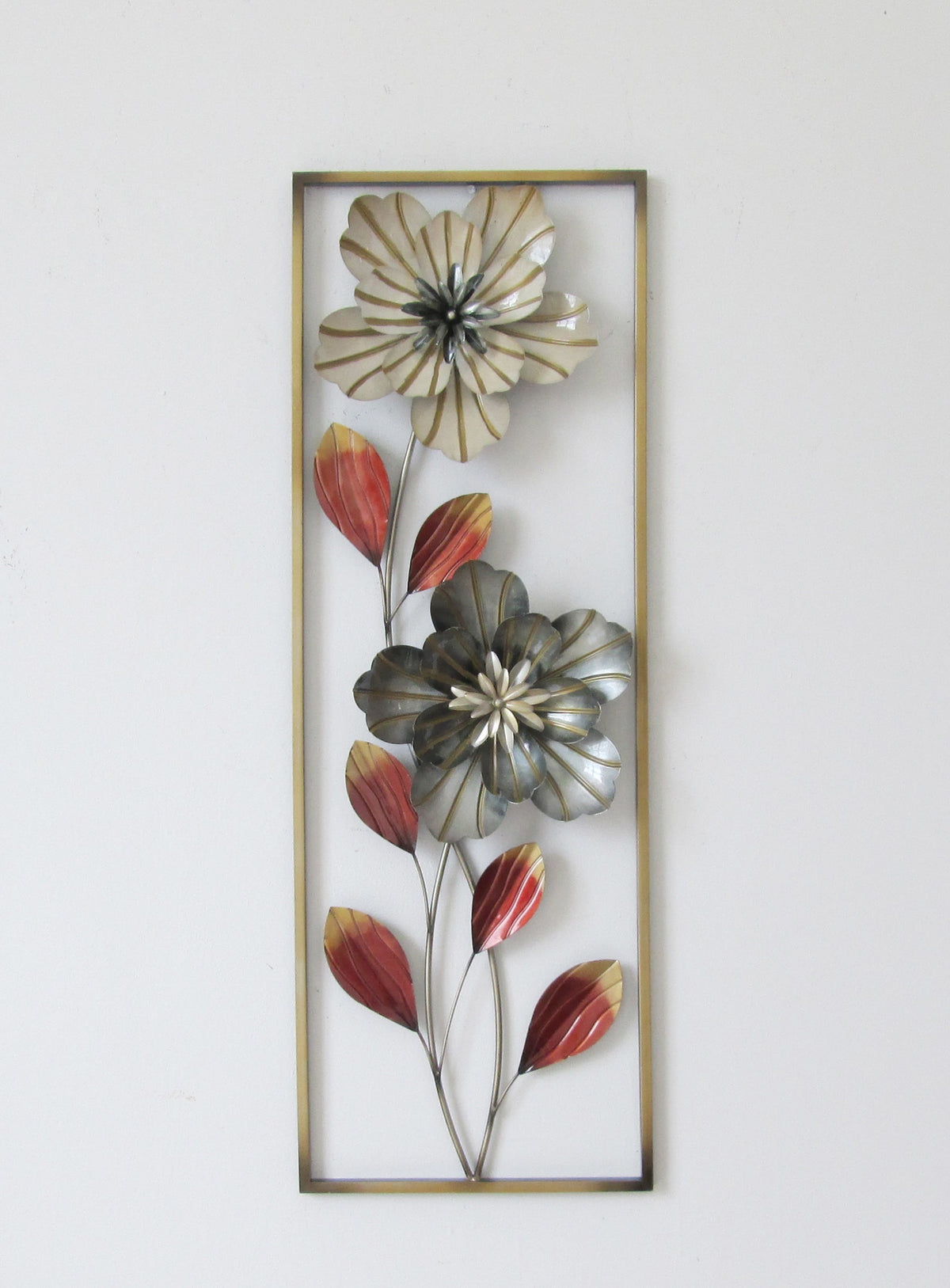 Rustic Metal Decor New Flower and Leaves Aluminum/ Metal Wall Decor with Frame 12"x36"