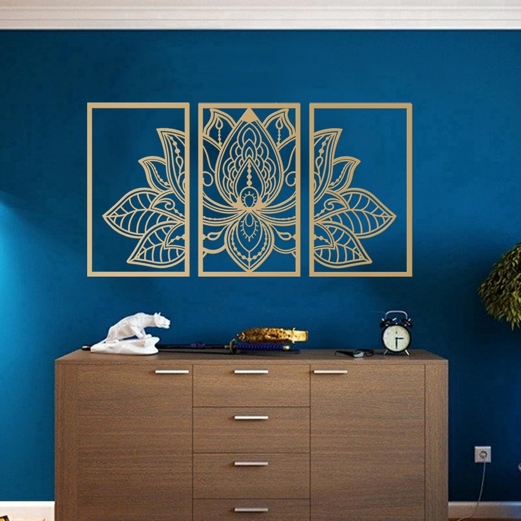 Rustic Metal Decor 3 Pcs Gold Lotus Flower Wall Art Metal Mandala Wall Decor for