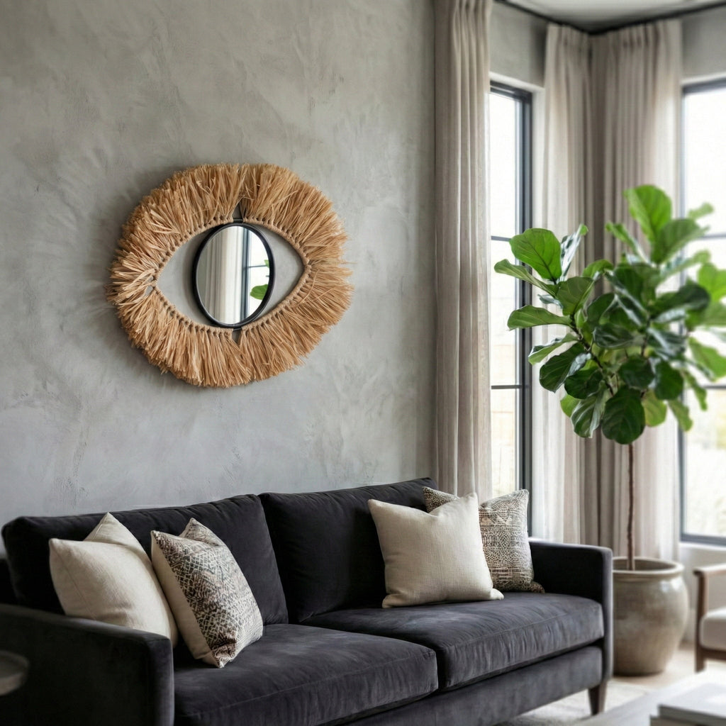 Rustic Metal Decor Metal and Natural Fiber Eye-Shaped Room Decor Mirror for Boho Home