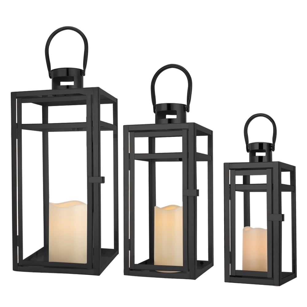 Rustic Metal Decor Set of 3 12/15/19 inch Metal Lanterns with Tempered Glass (Black )