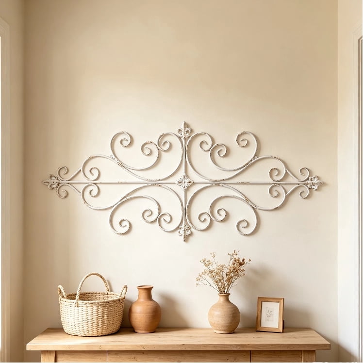 Rustic Metal Decor White Metal Wall Art 45"x18", Rustic Wrought Iron Scroll Wall Decor